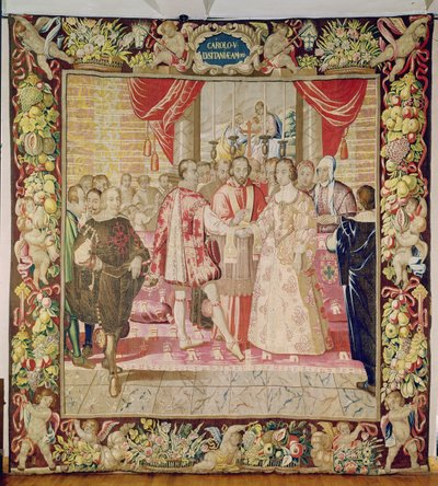 El tapiz de Carlos V que representa el matrimonio de Carlos V con Isabel de Portugal en 1526, Brujas, c.1630-40 (tapiz) de Flemish School